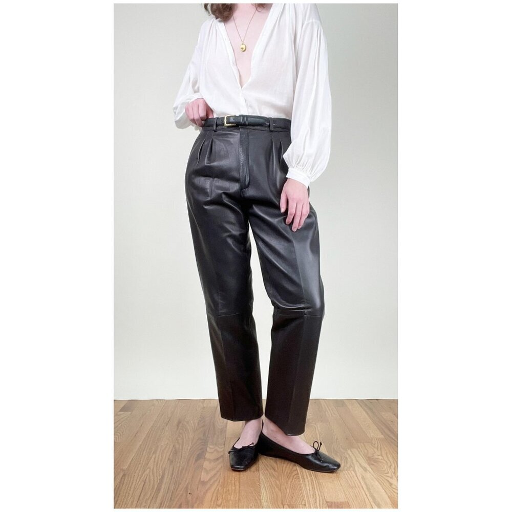 100% Leather Holt Renfrew Trouser Pants Pleated Straight Leg Old Money Luxury - Picture 7 of 7